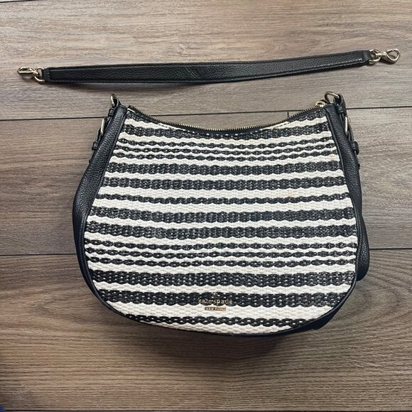 Kate Spade New York Cobble Hill Straw Mylie Shoulder Bag Black Cement Leather - Picture 11 of 11